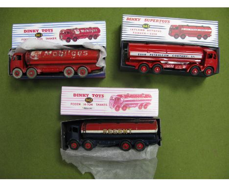 Three Dinky 2nd Type Foden Tankers, Esso, Mobile Gas and Regent - complete good bodies but playworn or over painted, repro bo