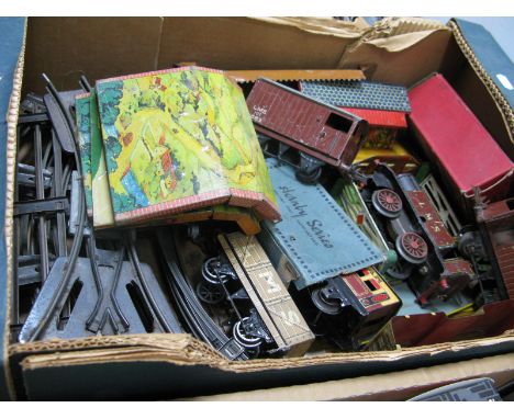A Quantity of Hornby 'O' Gauge/7mm Playworn Items, track, crossing etc; two wayside stations, box van and L.M.S 0-4-0 R/No. 2
