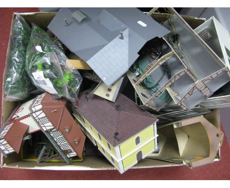 A Quantity of "HO/OO" Lineside Buildings and Trees, including station buildings, housing, engine shed, playworn.