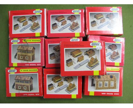 Ten Hornby Minitrix N Gauge Boxed Trackside Buildings, goods shed, engine shed, signal box etc, all appear unused, boxes good