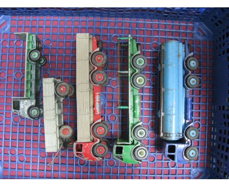 Five Dinky Playworn Lorry's Plus Foden Trailer, Foden 1st type tanker, two tone blue, no decals, 2nd type flat bed with chain
