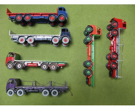 Six Dinky Playworn/Overpainted Foden Lorry's - one 1st type flat bed, four 2nd type (one flat bed, two with tail boards, one 