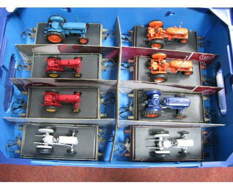 Eight Hornby O Gauge/7mm Flat Wagon's, each with a (Diecast) tractor load, unboxed, condition good, good plus.