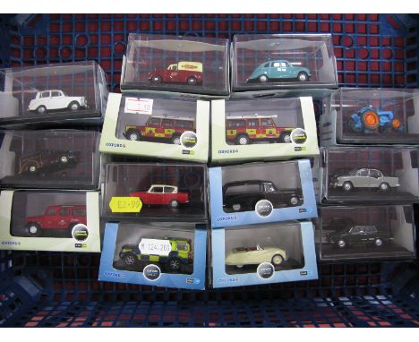 Fourteen Oxford 1:76th Railway Scale Diecast Model Vehicles, including Ford Anglia, Land Rover, Royal Mail, boxed.