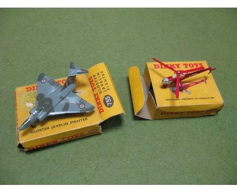 Two Boxed Dinky Aircraft No 716 Westland Helicopter, condition excellent, box fair, missing flap, pencil marks, No 735 Gloste
