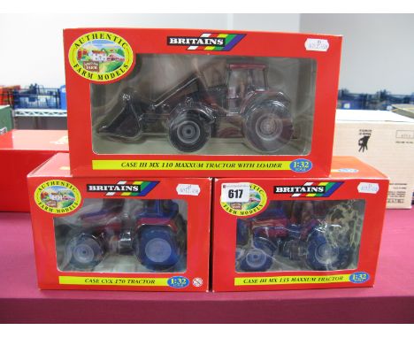 Three Britains 1:32nd Scale Diecast Model Tractors, #00228 Case IH MX110 Maxxum Tractor with Loader, #00227 Case IH MX135 Max