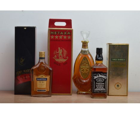 A collection of spirits, comprising Remy Martin VSOP cognac in a retail box, Martell V.S. Fine Cognac, 35cl., Three Barrels V