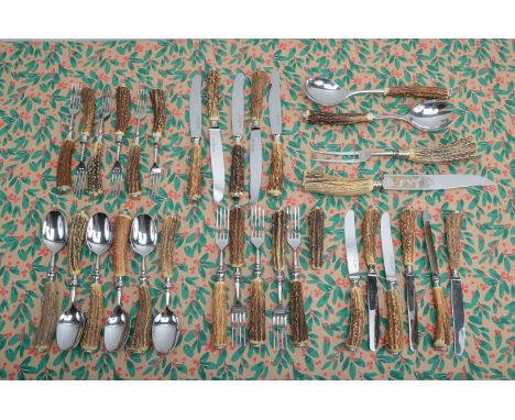 A retro part antler handled cutlery set by Wingen, comprising carving set, fork lacks silver plated base, salad server, five 