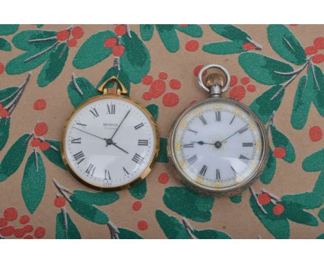 A continental white metal open faced fob watch, with white enamel face Roman numerals, engraved reverse hallmarked bale, 5.6 