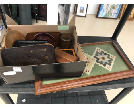 Treen items; together with a framed tapestry tray