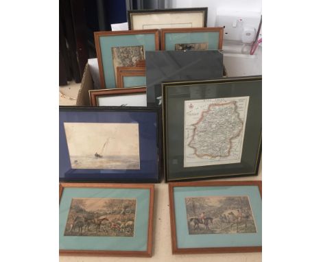 A quantity of pictures to inc a seascape watercolour, indistinctly signed, an 18th century map of Wiltshire, hunting prints e