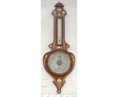 AN ART NOUVEAU MOTHER OF PEARL AND BRASS INLAID  ANEROID BAROMETER, 85CM H, C1905