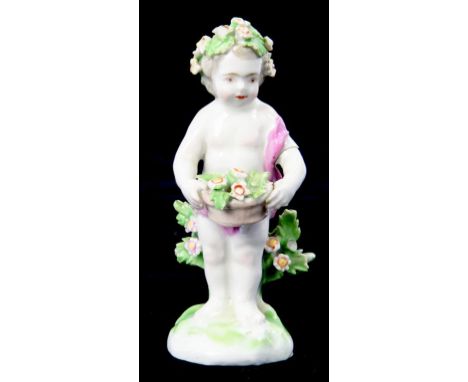 A DERBY FIGURE OF A CHILD HOLDING A BASKET OF FLOWERS, 9CM H, PATCH MARKS, C1780
