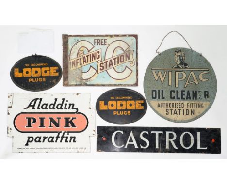 SIX ENAMEL ADVERTISING SIGNS, TO INCLUDE LODGE PLUGS, CASTROL, CC INFLATING STATION, WIPAC OIL CLEANER AND ALLADIN PINK PARAF