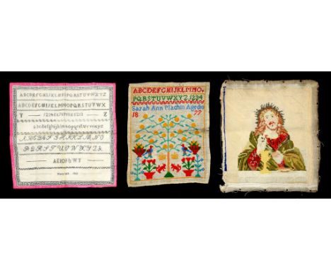 TWO VICTORIAN NEEDLEWORK SAMPLERS WORKED BY MARY CADD 1866 AND THE TREE OF LIFE EXAMPLE WORKED BY SARAH ANN MACHIN, AGED 10, 