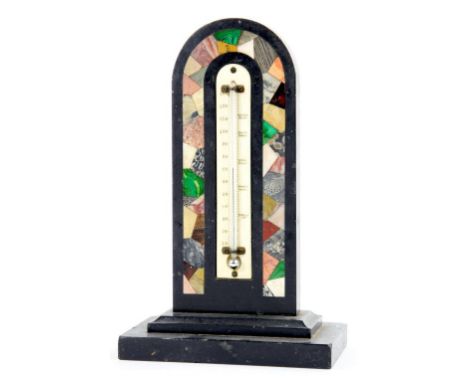 A 19TH CENTURY ASHFORD MARBLE DESK THERMOMETER WITH A BONE GAUGE AND VARIEGATED MARBLE SURROUND, 20CM H
