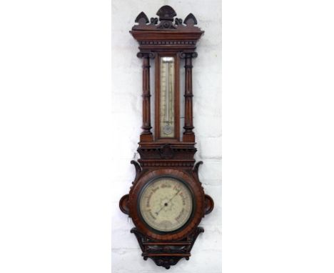 CARVED WALNUT ANEROID BAROMETER