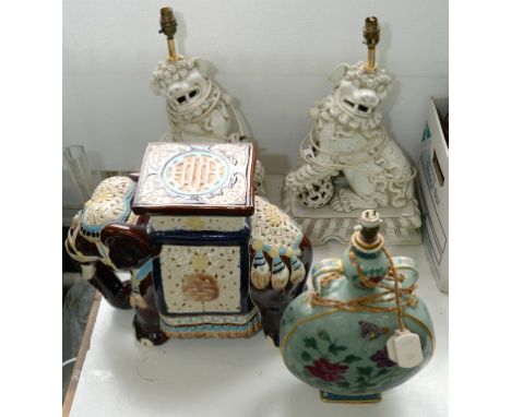 A PAIR OF EARTHENWARE DOGS OF FO LAMPS DECORATED WITH A WHITE GLAZE, A MOON SHAPED LAMP WITH CELADON GROUND PAINTED WITH FLOW