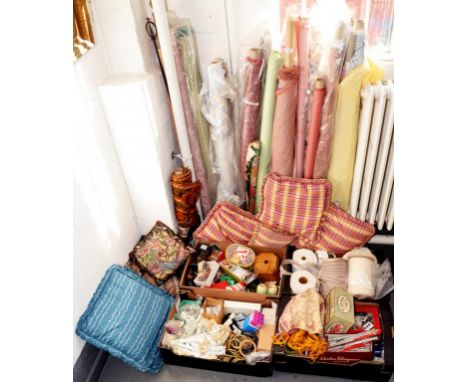 FURNISHINGS.  A QUANTITY OF ROLLS OF CURTAIN FABRIC, CURTAIN TAPE, BUCKRAM, CORDS, TIE BACKS, ZIPPING, HOOKS, CURTAIN RINGS, 