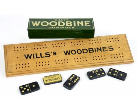 A WILLS WOODBINE DOMINOES TIN CONTAINING A SET OF LITHOGRAPHED TIN DOMINOES AND A WILLS WOODBINE CRIBBAGE BOARD