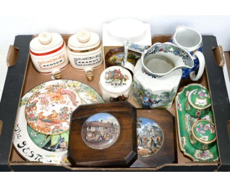 MISCELLANEOUS DECORATIVE CERAMICS, INCLUDING A BOOTHS EARTHENWARE PEA GREEN GROUND INKSTAND AND TWO F & R PRATT POT LIDS, FRA