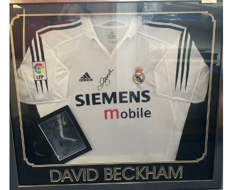 Football Legend David Beckham Personally Signed Real Madrid Home Shirt, Framed to a professional Standard. Signed in black ma