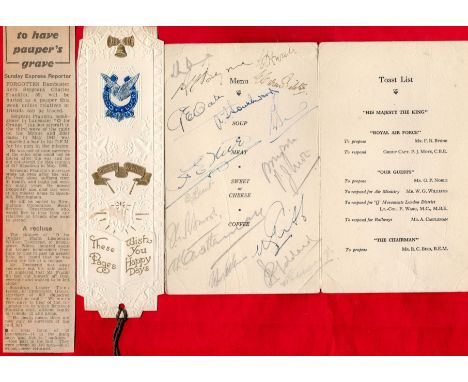 WW2 Multiple signed Dambusters First Reunion Dinner Menu 1946. Signed by 20 former 617 sqn crew members inc Geoffrey Rice DFC