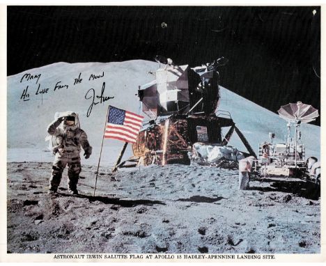James Irwin signed 10x8 NASA colour photo printed inscription Hi Love from the Moon live signature. James Benson Irwin (March