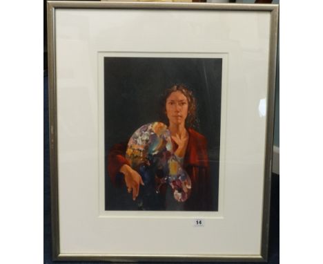 Yana Trevail, signed limited edition print, 'Self portrait holding Robert Lenkiewicz pallet', 40cm x 29cm