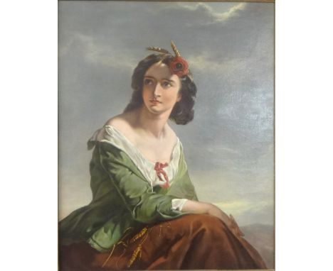 Unknown, 19th century oil on canvas, not signed, portrait of a lady seated with rose and wheatsheaf in her hair in gilt frame