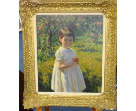 Frank Jameson (1898-1968), signed oil on canvas 'The Apple', believed to be a portrait of his daughter Daphne a smaller versi