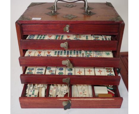 Vintage travelling mahjong set with bone &amp; bamboo pieces, in a timber fitted drawer box with brass fittings