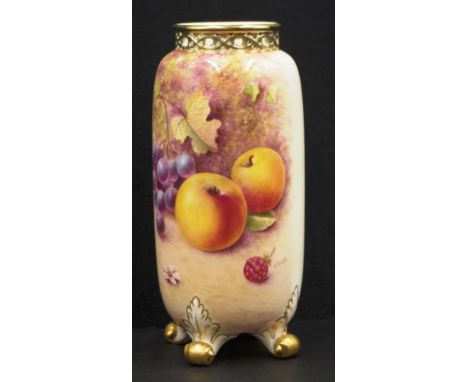 Royal Worcester painted fruit signed vase hand painted fruit decoration, signed by J. REED, pierced and gilded decoration to 