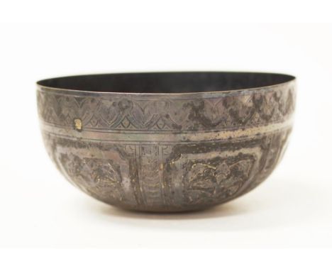 Antique oriental silver bowl with ornate decoration, 11.5cm diameter, 6cm high, 105 grams approx, tests as silver