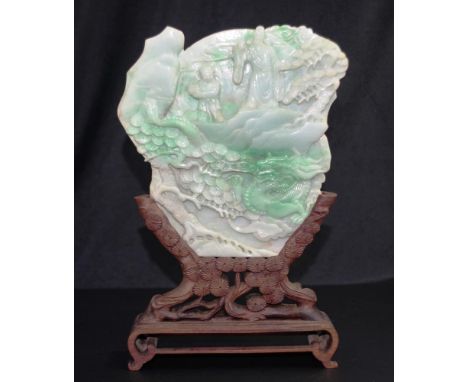Good Chinese carved jade tableau carved jade scene of figures with a dragon, character marks verso, (height 17cm approx), in 