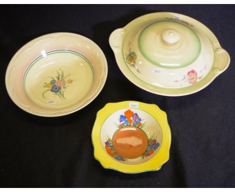Three Clarice Cliff pieces including: 'Crocus,' dessert bowl; serving bowl, marked to base and # 7446, (diameter 23cm approx)