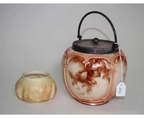 Antique Hadley &amp; Sons ceramic biscuit barrel autumn leaf decoration to bowl, with (worn) silver plate lid and handle, mar