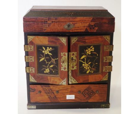Early Japanese inlay &amp; lacquer ware box bottom drawer with floral decorated lacquer ware cupboard opens to 4 smaller draw