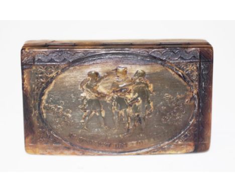 Rare antique decorated horn snuff box embossed figural decoration to lid, circa 1810s, (length 7cm approx).