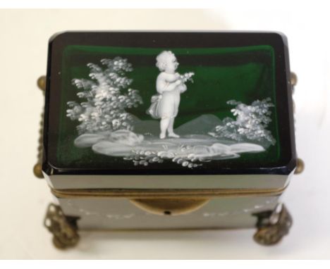 Antique Mary Gregory &amp; ormolu trinket box Circa 1890, with traditional figural decoration to top and ornate ormolu fittin