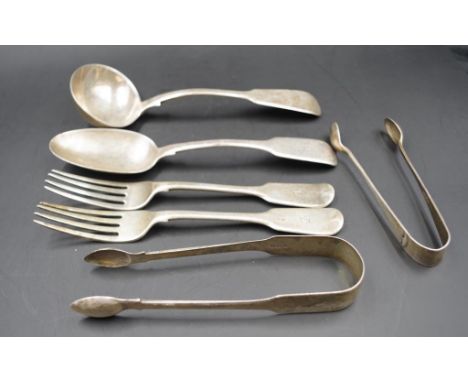 Six early sterling silver cutlery items all with various English hallmarks and makers marks, some with engraved initial D, co