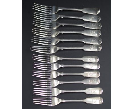 Set eleven Edward VII sterling silver dessert fork London 1907, makers Goldsmiths and Silversmiths Company, each crested, (we