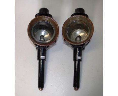 Pair vintage carriage lamps brass rims to original glass light fittings, (height 42cm approx, each).