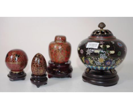 Good Japanese cloisonne tri foot censer with ornate traditional floral decoration on a timber stand, together with 2 cloisonn
