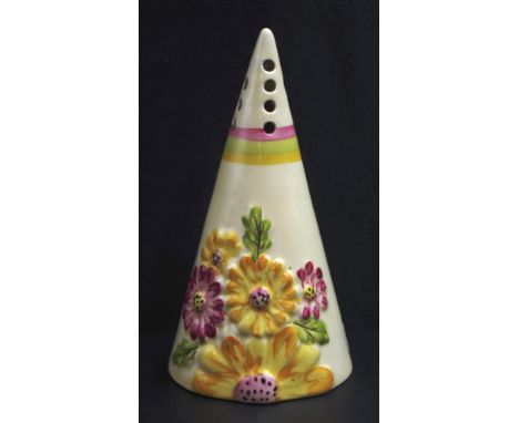 Clarice Cliff Bizarre Conical sugar shaker with floral raised decoration, Marguarite pattern. Printed factory marks to base. 
