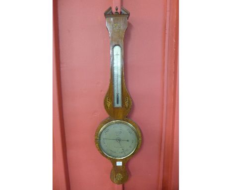 A George III inlaid mahogany banjo barometer, the silvered dial signed B. Porry, Nottingham