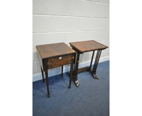 A MAHOGANY DROP LEAF SOFA TABLE, with two drawers, and a mahogany Quartetto nest of three tables (condition report: -good) (2