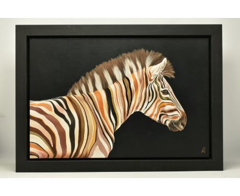 HAYLEY GOODHEAD (BRITISH CONTEMPORARY) 'MR BROWN', a portrait study of a brown striped Zebra, initialled bottom right, oil on