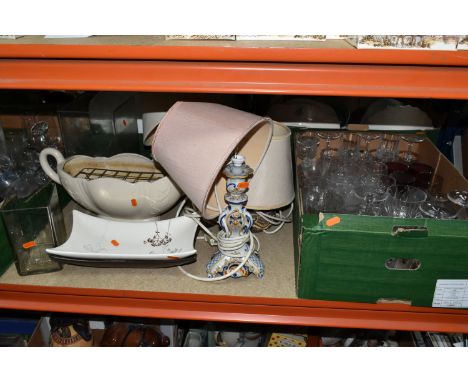 FIVE BOXES OF CERAMICS AND GLASSWARE, to include stainless steel tea ware, decanters, drinking glasses, table lamp, fruit bow