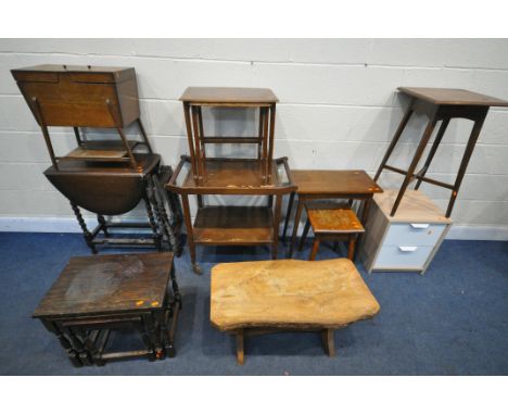 A SELECTION OF OCCASIONAL FURNITURE, to include a barley twist oak gate leg table, tea trolley, nest of tables, sewing box, e